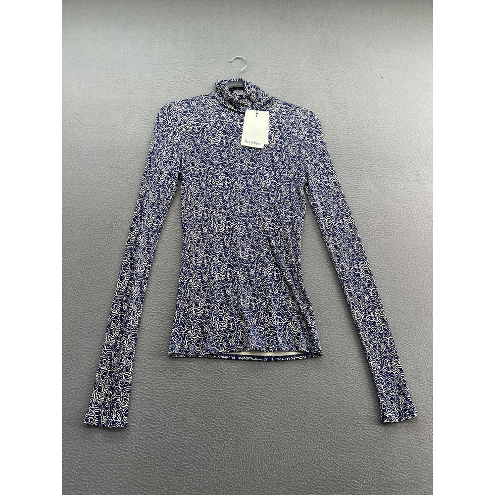 Rodebjer Marian Swirl Shirt Womens XS Blue Viscose Turtleneck Top Long Sleeve